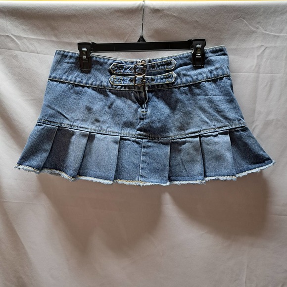 Y2K Let Me B Denim Micro Mini Jean Flounce skirt Double buckle zip closure  9 - Picture 1 of 10